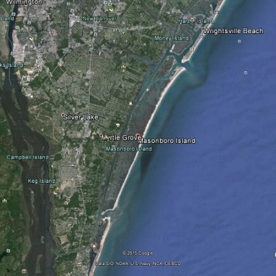 2015 Google Earth satellite image of the Wilmington, North Carolina, coast showing Masonboro Island, Wrightsville Beach, Silver Lake, and surrounding waterways, with the Atlantic Ocean to the east.