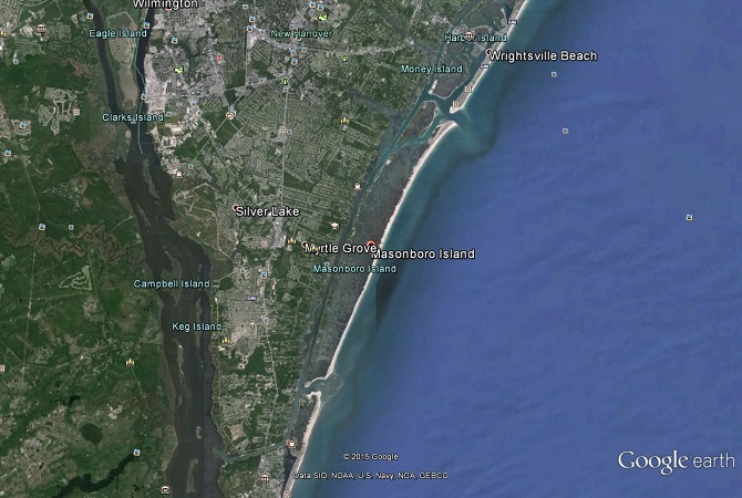 2015 Google Earth satellite image of the Wilmington, North Carolina, coast showing Masonboro Island, Wrightsville Beach, Silver Lake, and surrounding waterways, with the Atlantic Ocean to the east.