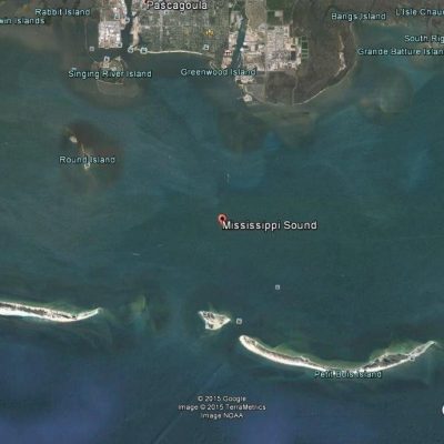 2015 Google Earth Satellite image of Mississippi Sound near Pascagoula, Mississippi, showing coastal islands including Round Island and Petit Bois Island, with the mainland and several smaller islands visible to the north.