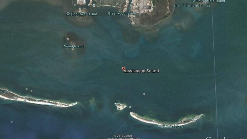2015 Google Earth Satellite image of Mississippi Sound near Pascagoula, Mississippi, showing coastal islands including Round Island and Petit Bois Island, with the mainland and several smaller islands visible to the north.