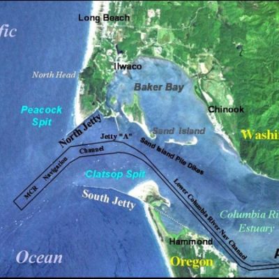 Map of the mouth of the Columbia River showing the navigation channel, North and South jetties, Baker Bay, Clatsop Spit, and nearby Washington and Oregon communities.