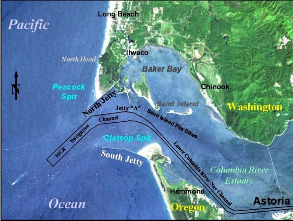 Map of the mouth of the Columbia River showing the navigation channel, North and South jetties, Baker Bay, Clatsop Spit, and nearby Washington and Oregon communities.