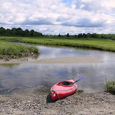Red kayak rests at the edge of a tidal creek surrounded by dense green marsh vegetation.