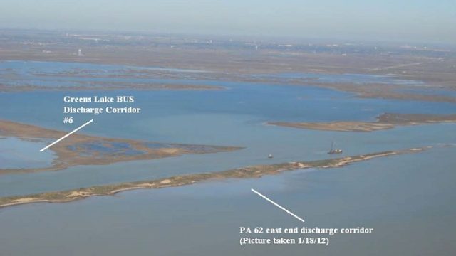 Aerial view of Galveston Bay and the Gulf Intracoastal Waterway West Bay, showing marsh islands and open water. Labels identify Greens Lake beneficial-use-site Discharge Corridor No. 6 and the PA 62 east-end discharge corridor.