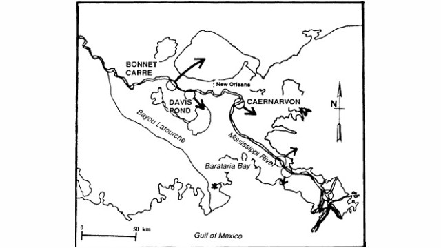 Map of southeastern Louisiana showing the Mississippi River, New Orleans, Barataria Bay, Bayou Lafourche, and the Gulf of Mexico, with locations labeled Bonnet Carré, Davis Pond, and Caernarvon and arrows indicating water diversions.