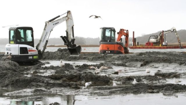 Excavators spread and grade sediment across a muddy, shallow-water marsh restoration site while gulls forage nearby; additional construction equipment operates from a barge in the background.