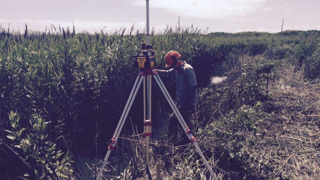 Field worker in a marsh operating surveying equipment mounted on a tripod beside a narrow water channel, surrounded by tall wetland vegetation.
