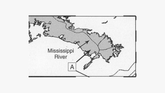 Simplified map of coastal Louisiana showing the lower Mississippi River and surrounding delta, with arrows indicating the location of study area A near the river’s southeastern reaches.