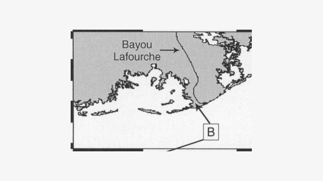 Simplified map of coastal Louisiana showing Bayou Lafourche extending south toward the Gulf of Mexico, with an arrow marking the location of study area B near the coast.